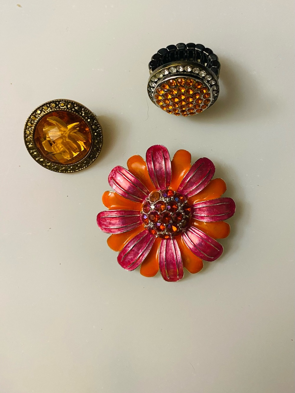 Pink and Orange Flower Brooch with Amber Accent Pin and Ring